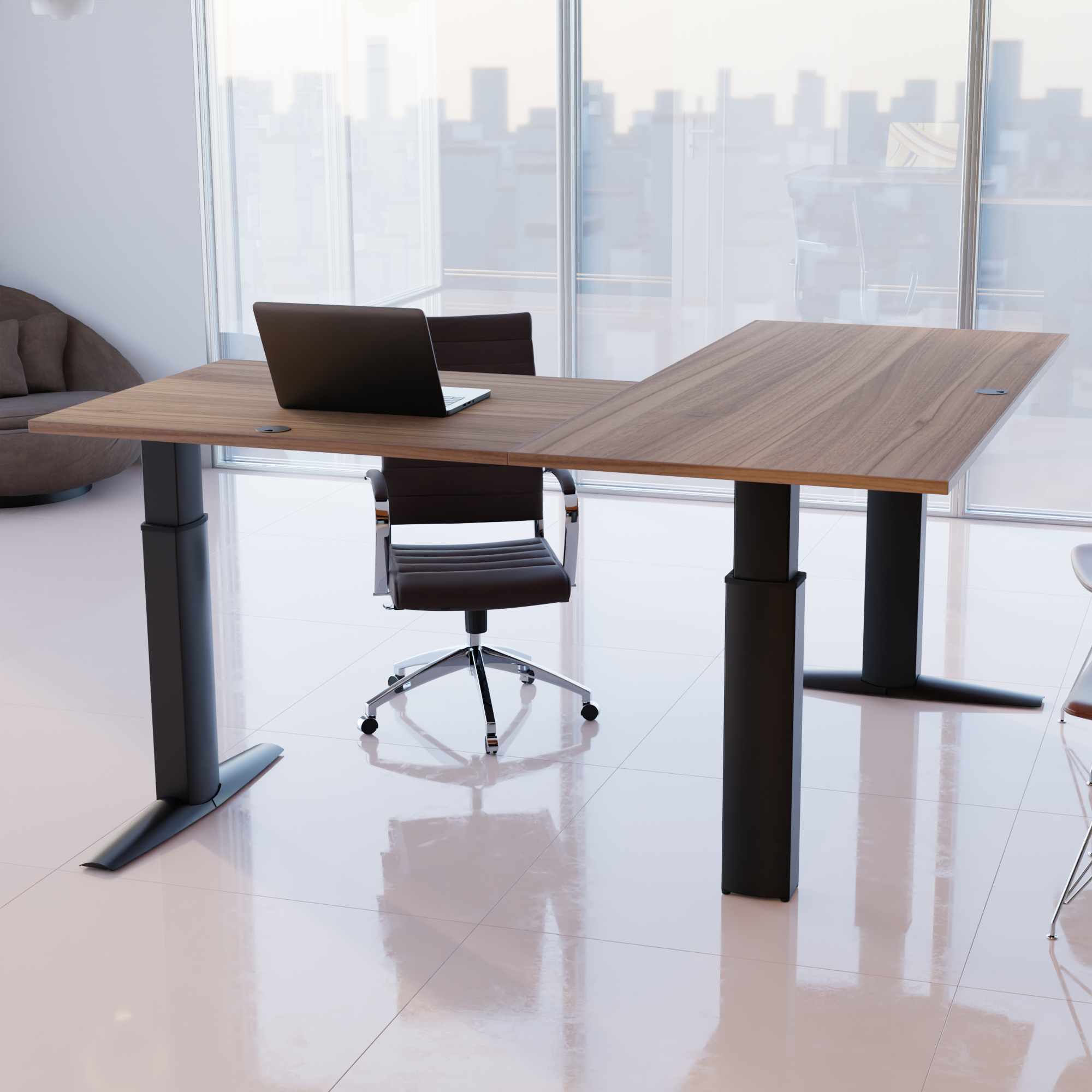 Elektrisch verstelbaar bureau | 160x160 cm | Walnoot met zwart frame