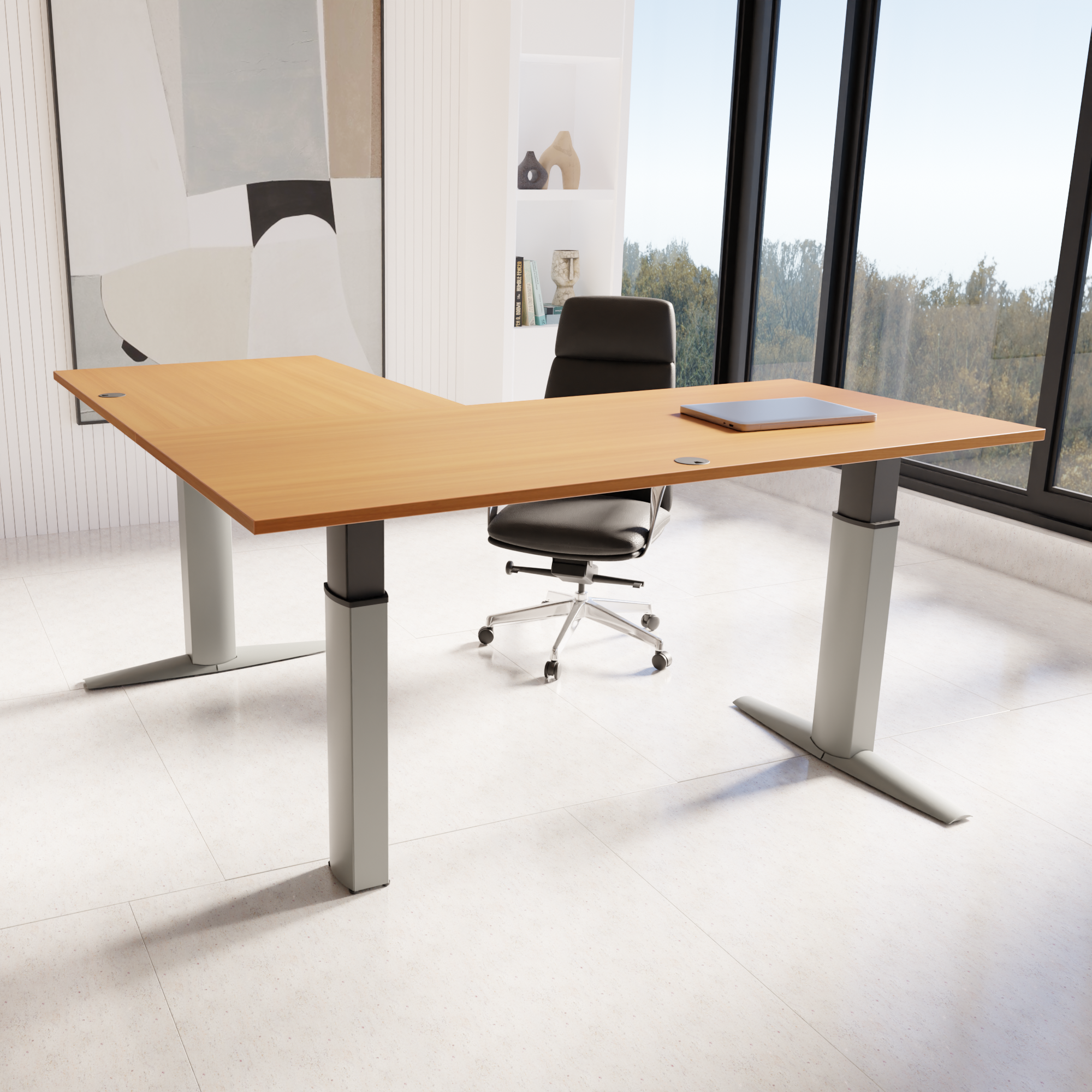 Elektrisch verstelbaar bureau | 180x180 cm | Beuken met zilver frame
