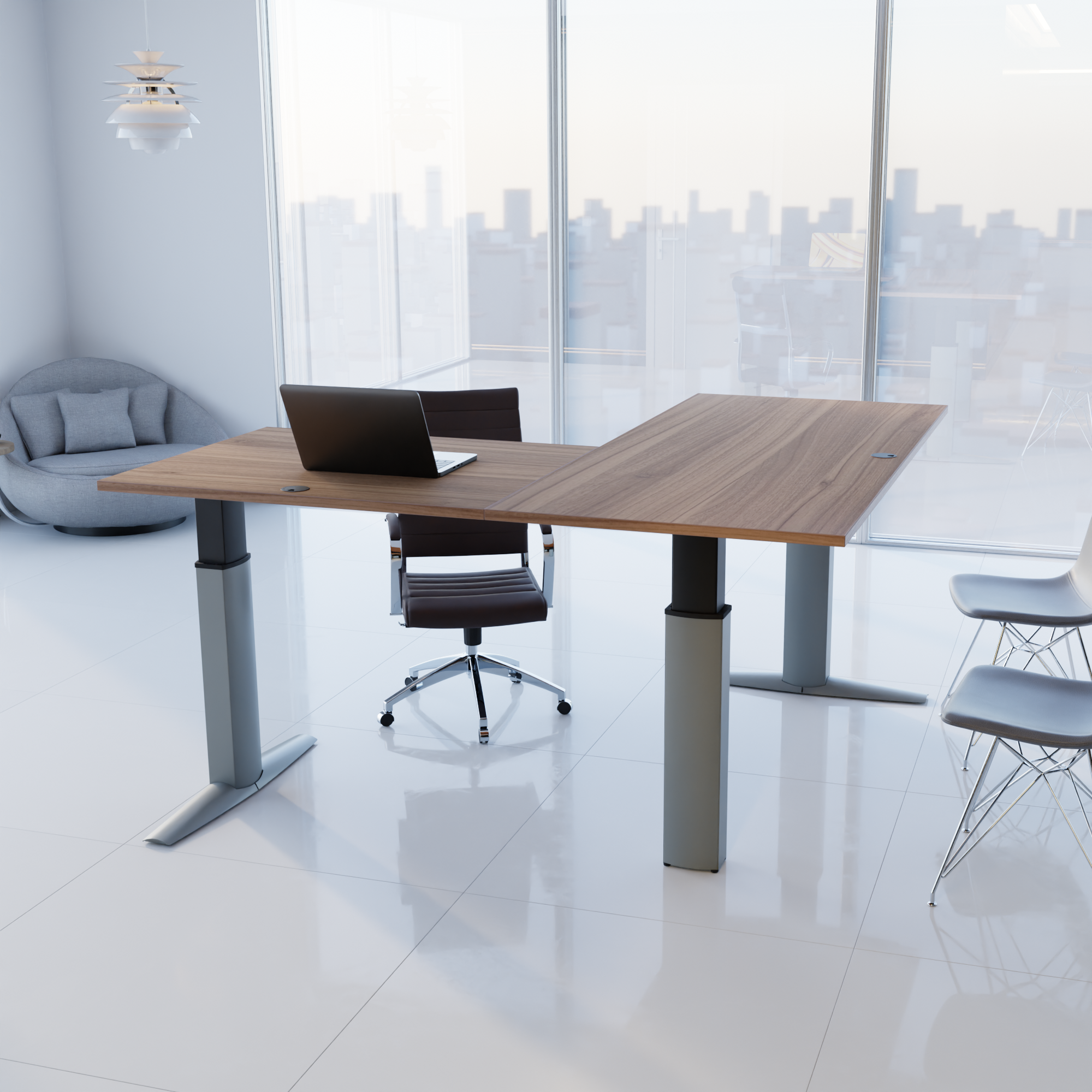 Elektrisch verstelbaar bureau | 160x160 cm | Walnoot met zilver frame